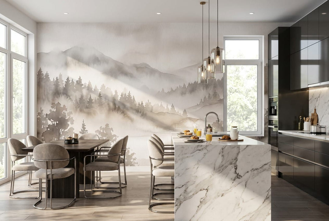 Sepia Watercolor Nordic Misty Forest Wallpaper Mural scene image