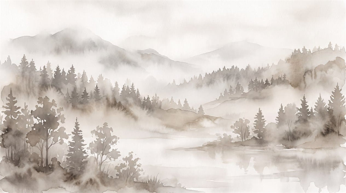 Sepia Watercolor Nordic Misty Forest Wallpaper Mural scene image