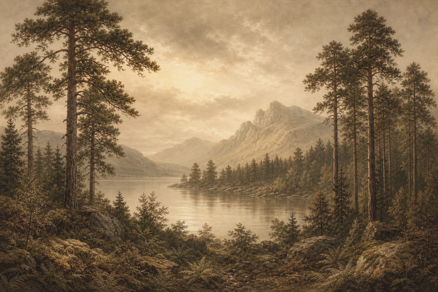 Sepia Pine Lake Wallpaper Mural