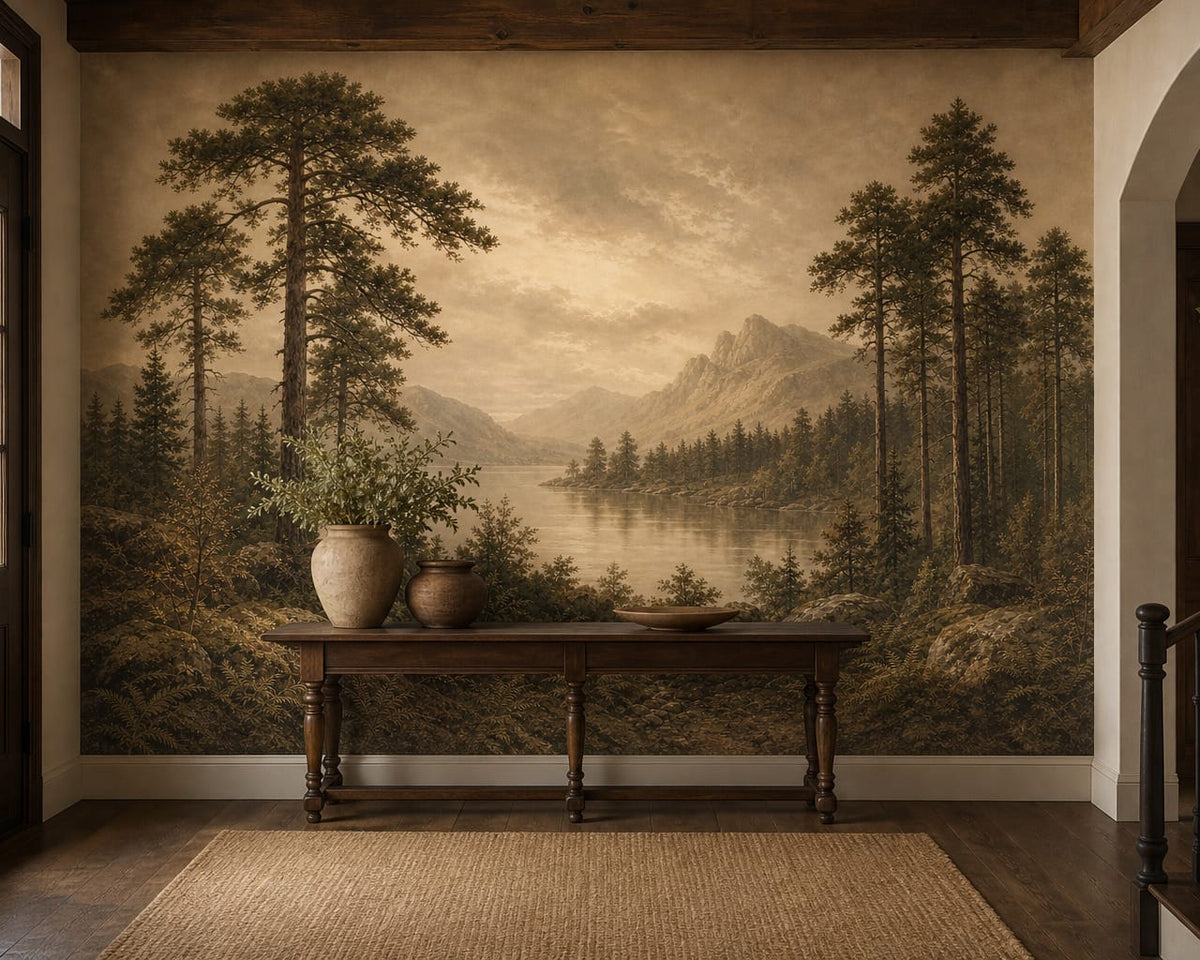 Sepia Pine Lake Wallpaper Mural product view