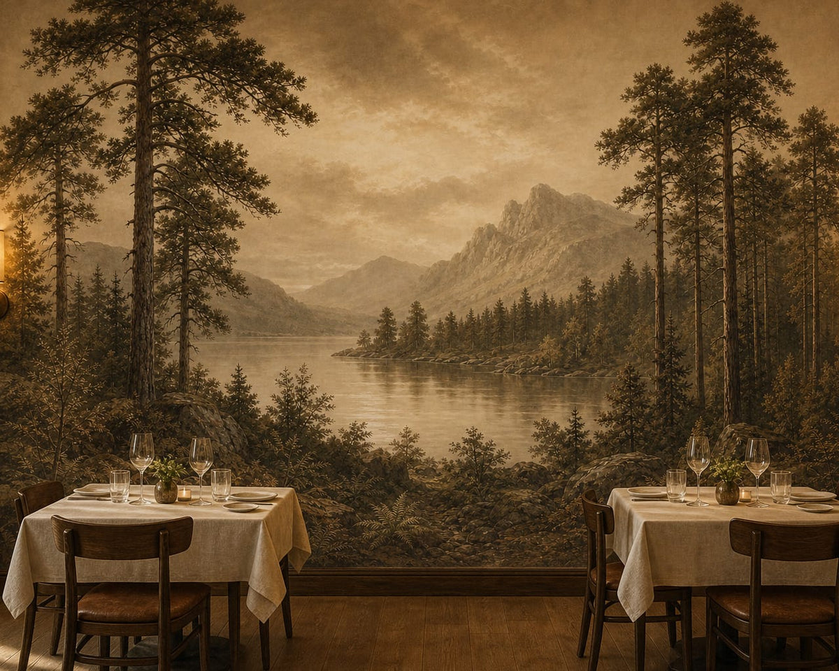 Sepia Pine Lake Wallpaper Mural product view