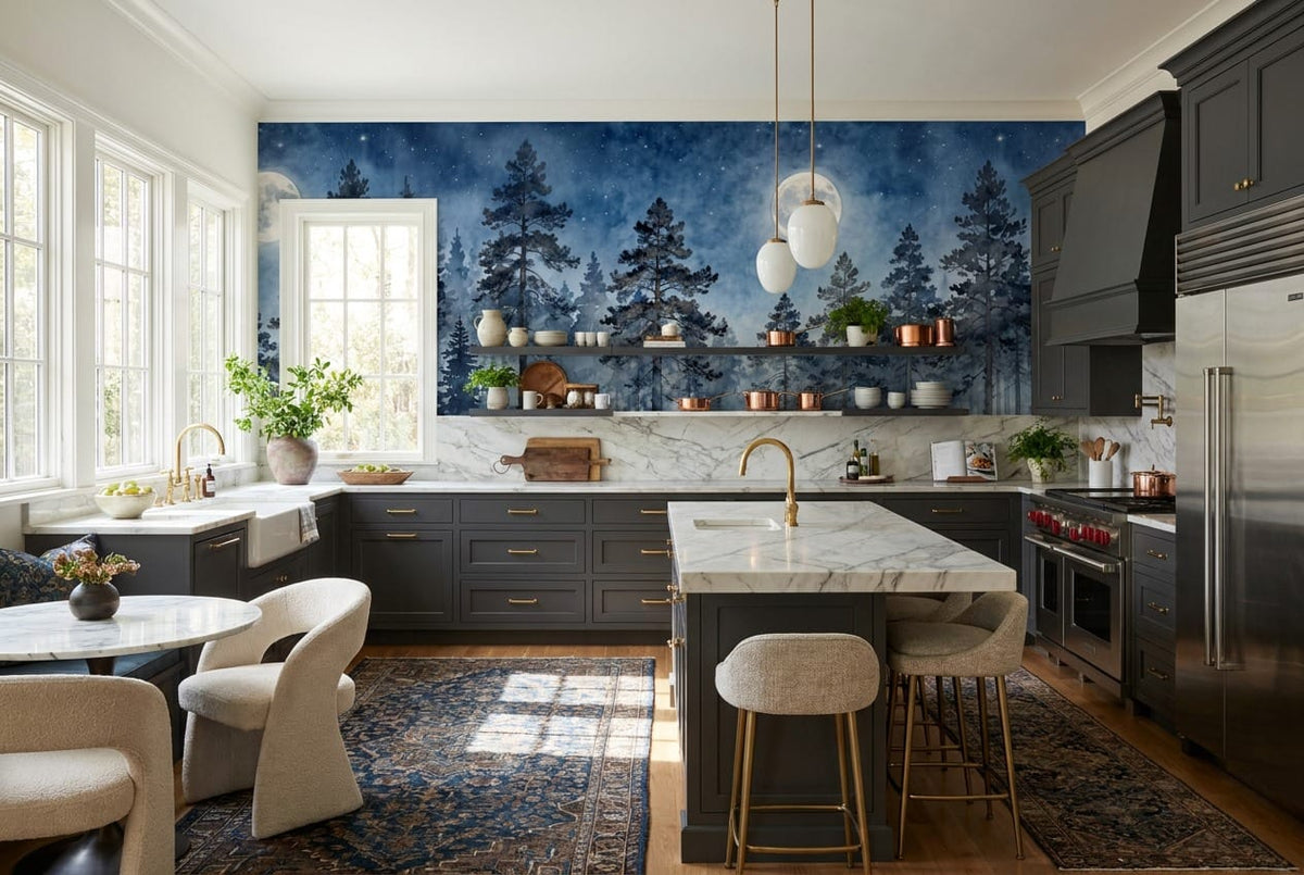 Indigo Sky Peaceful Nordic Night Forest Wallpaper Mural in custom