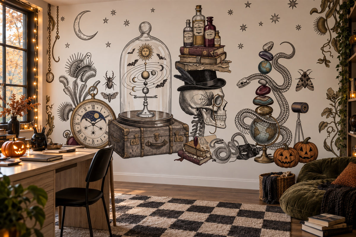 custom study halloween ivory skulls removable stick on non woven vinyl wallpaper mural