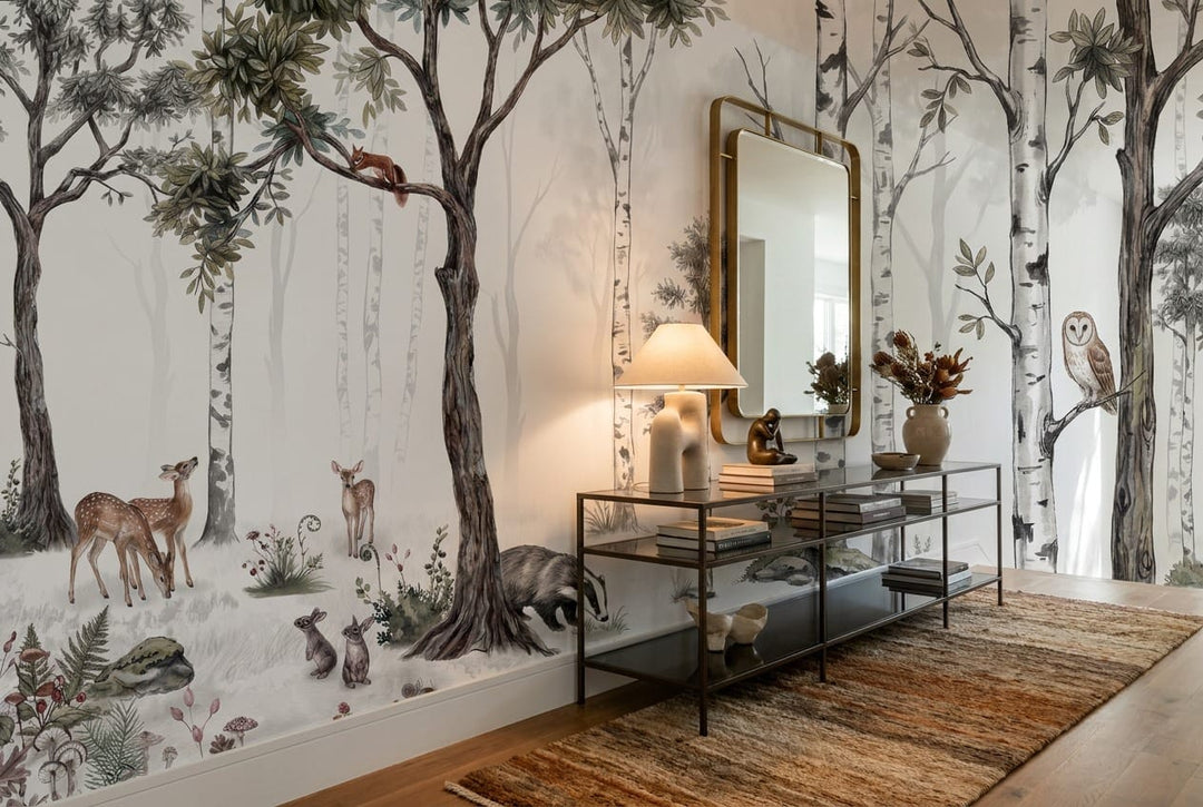Natural Tan Watercolor Nordic Birch Forest Wallpaper Mural in custom