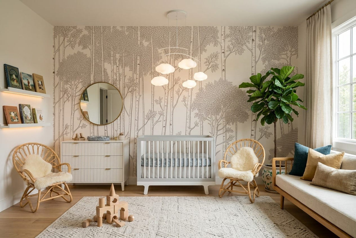 Winter Tan Landscape Nordic Birch Forest Wallpaper Mural in custom