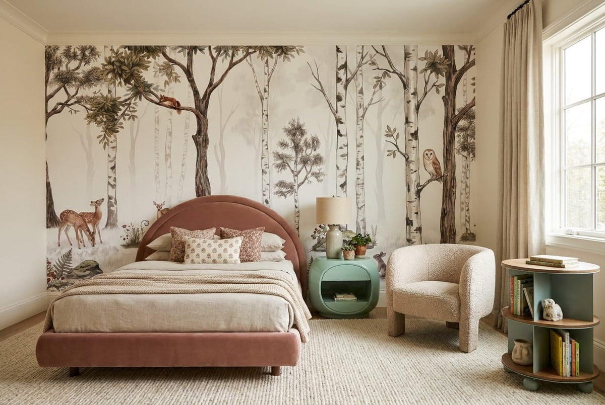 Natural Tan Watercolor Nordic Birch Forest Wallpaper Mural in custom
