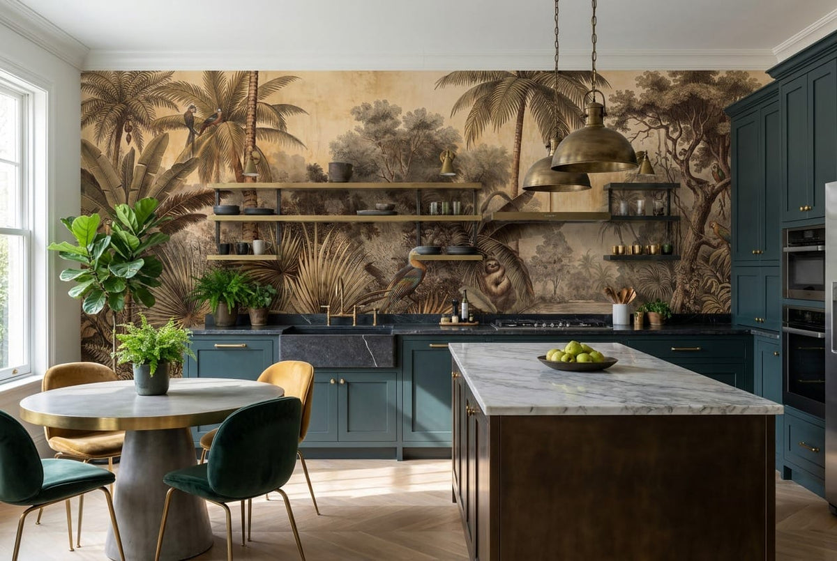Warm Tan Botanical Tropical Rainforest Wallpaper Mural scene image