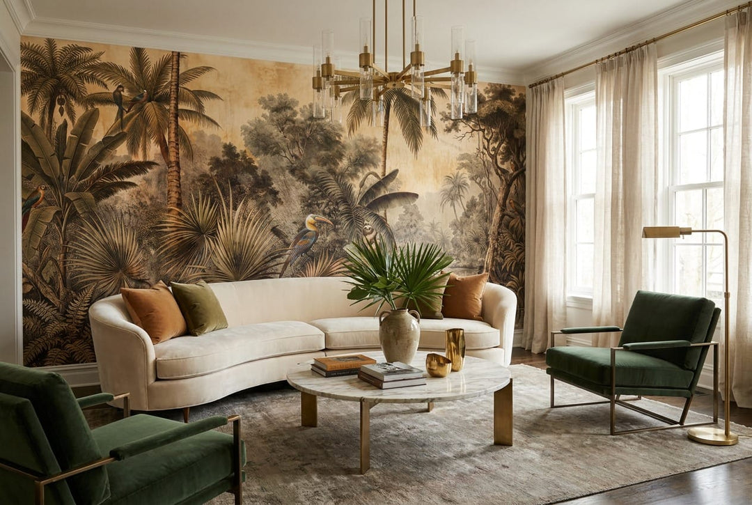 Warm Tan Botanical Tropical Rainforest Wallpaper Mural scene image