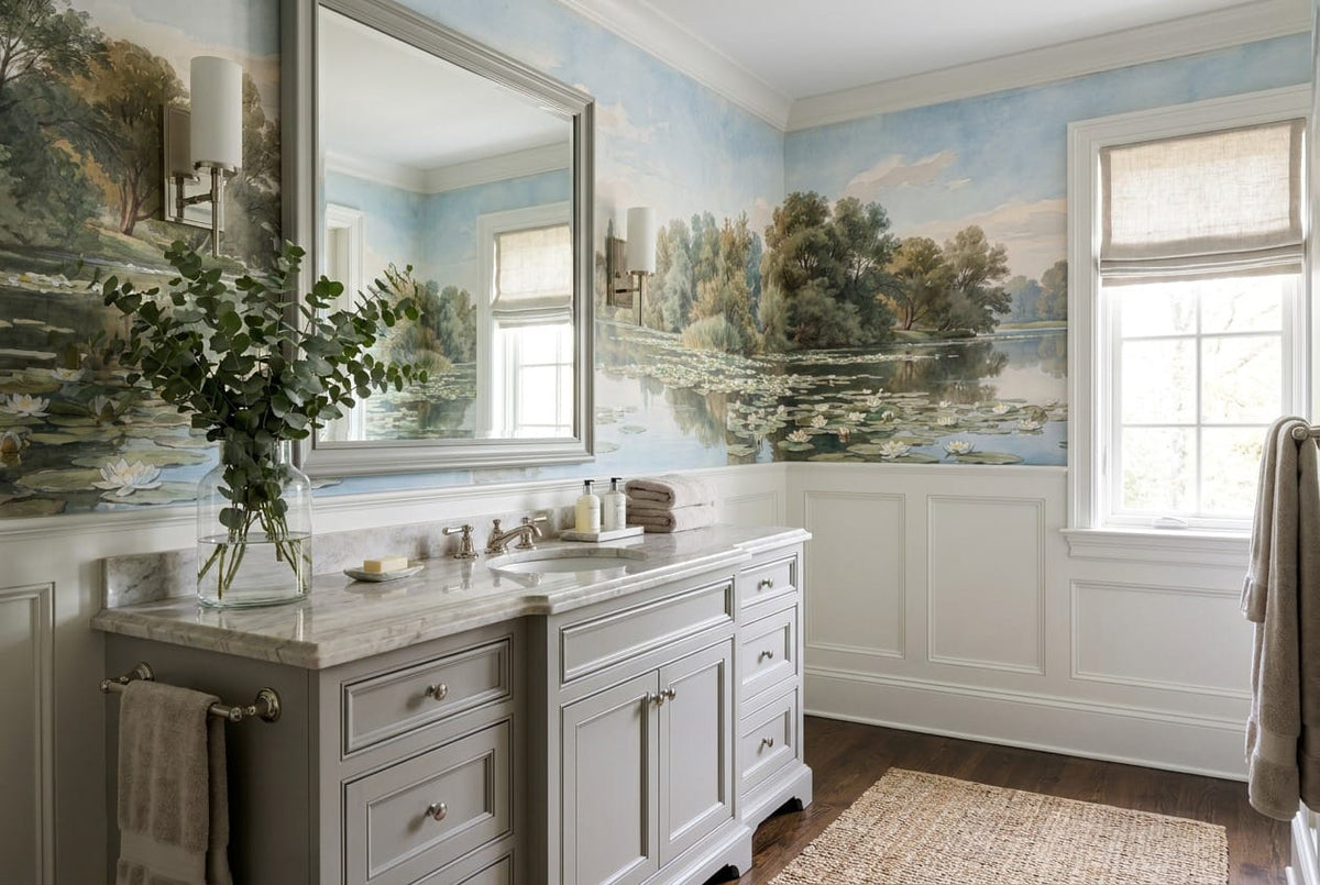 Watercolour Lily Pond Forest Lake Wallpaper Mural in custom