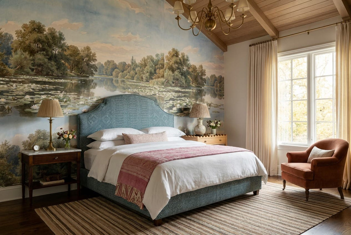Watercolour Lily Pond Forest Lake Wallpaper Mural in custom