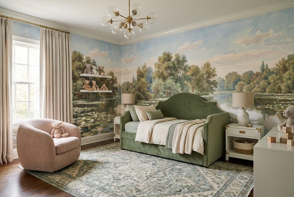 Watercolour Lily Pond Forest Lake Wallpaper Mural in custom