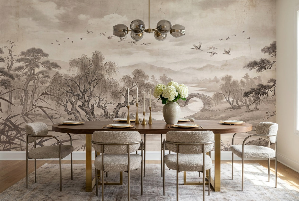 custom taupe ink landscape dining removable non woven vinyl stick on wallpaper mural