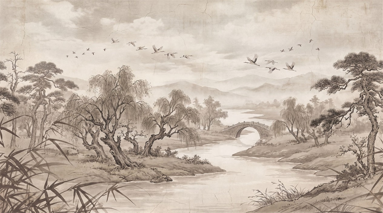 Sepia Winding River and Birds Wallpaper Mural