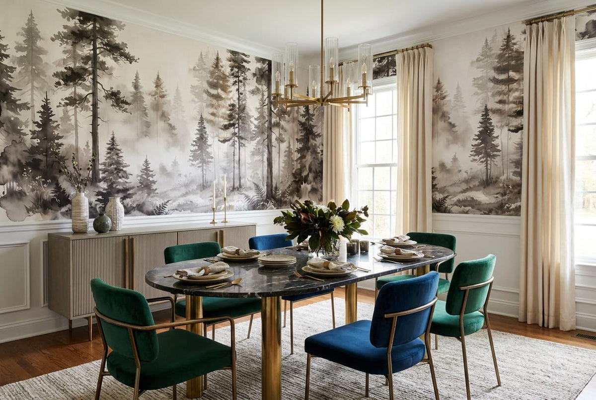 Taupe Watercolor Nordic Pine Tree Wallpaper Mural in custom