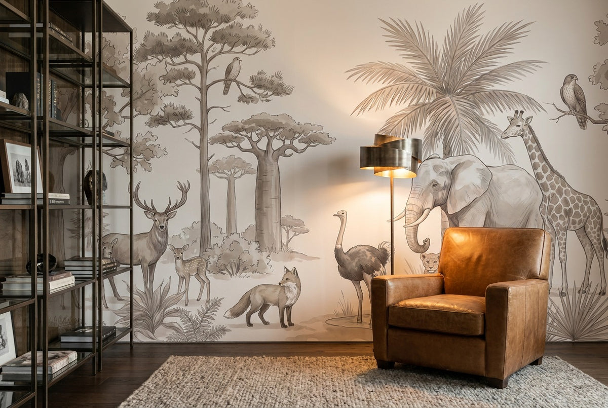 custom taupe safari sketch wallpaper mural study stick on non woven vinyl removable