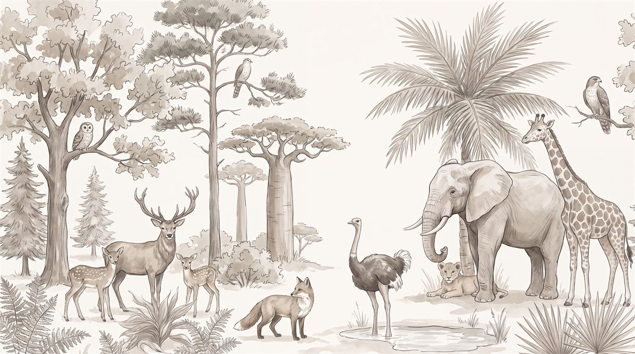 Sepia Sketch Safari Landscape Wallpaper Mural