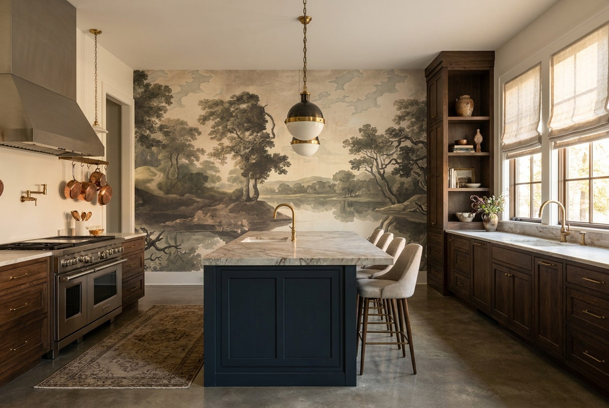 custom taupe trees kitchen removable non woven vinyl peel and stick wallpaper mural
