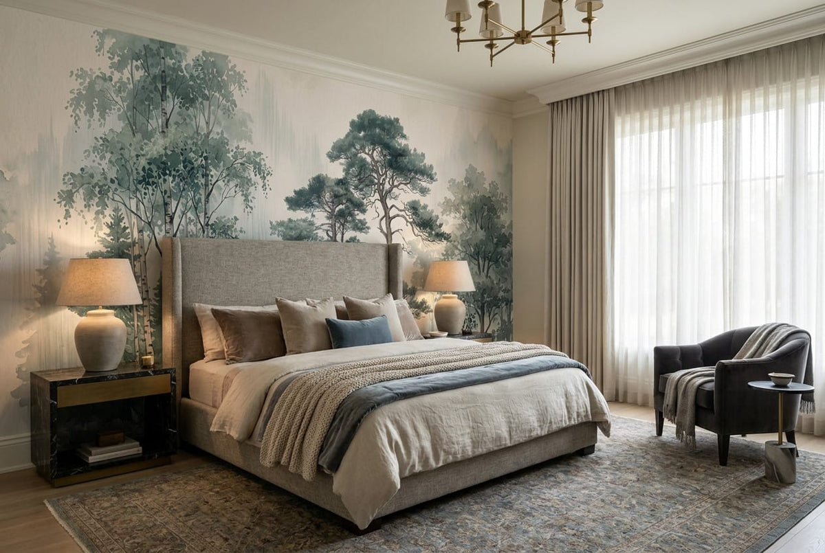 Sage Green Watercolor Nordic Misty Forest Wallpaper Mural scene image