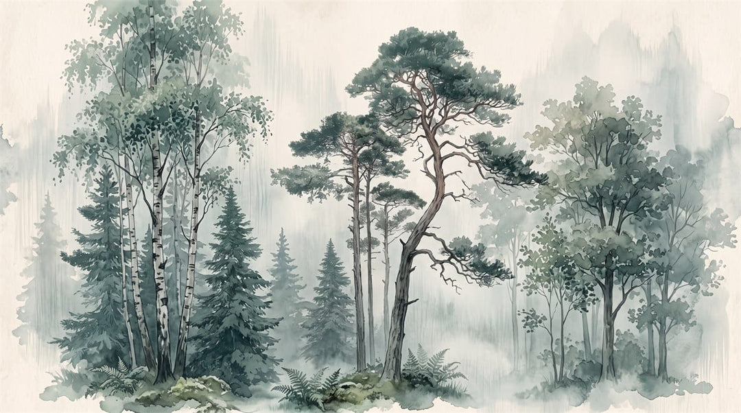 Sage Green Watercolor Nordic Misty Forest Wallpaper Mural scene image