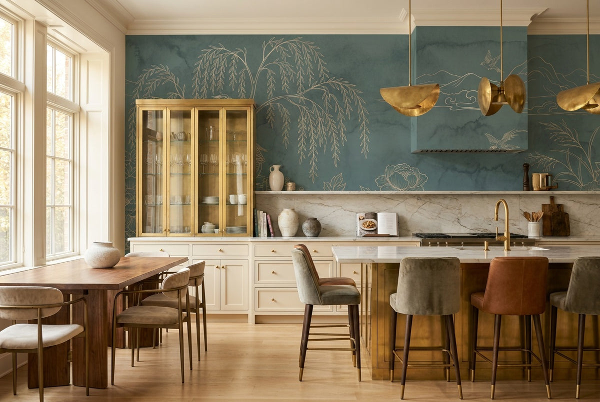custom teal willow linework kitchen removable non woven vinyl stick on wallpaper mural