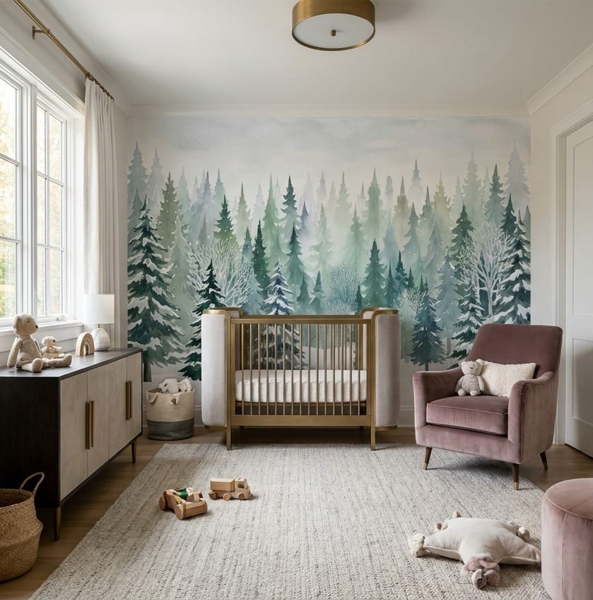 Deep Teal Warm Nordic Winter Forest Wallpaper Mural in custom