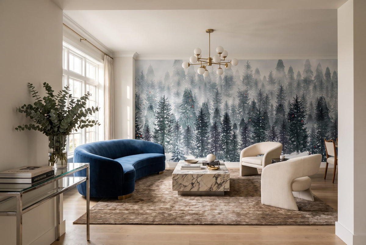 Teal Gray Tranquil Nordic Winter Forest Wallpaper Mural in custom