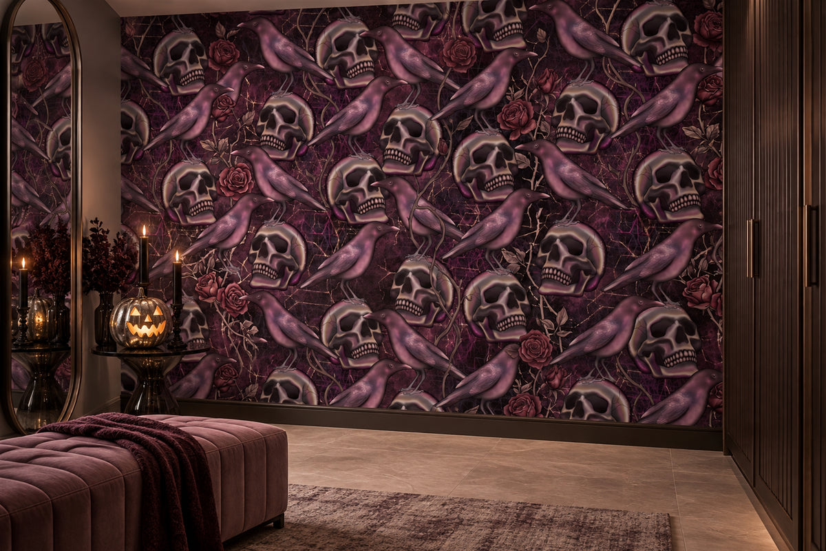 custom vanity gothic purple skulls removable stick on non woven vinyl wallpaper mural