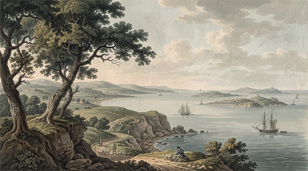 Antique Coastal Sailing Lake Scenic Wallpaper Mural in custom
