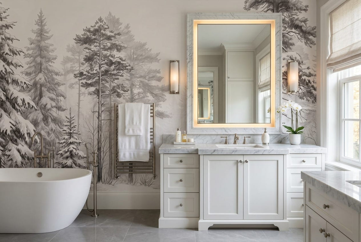 Soft White Pencil Sketch Nordic Pine Tree Wallpaper Mural in custom