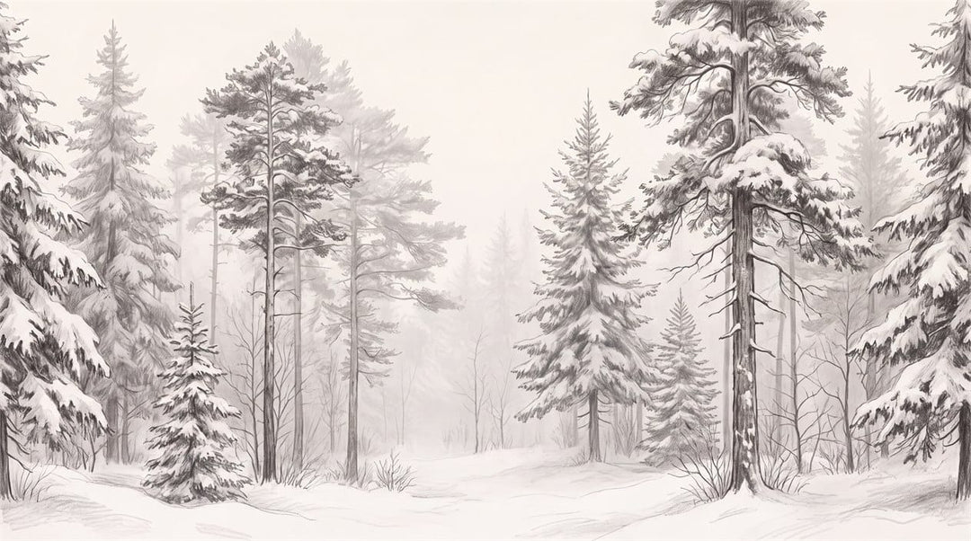Soft White Pencil Sketch Nordic Pine Tree Wallpaper Mural in custom