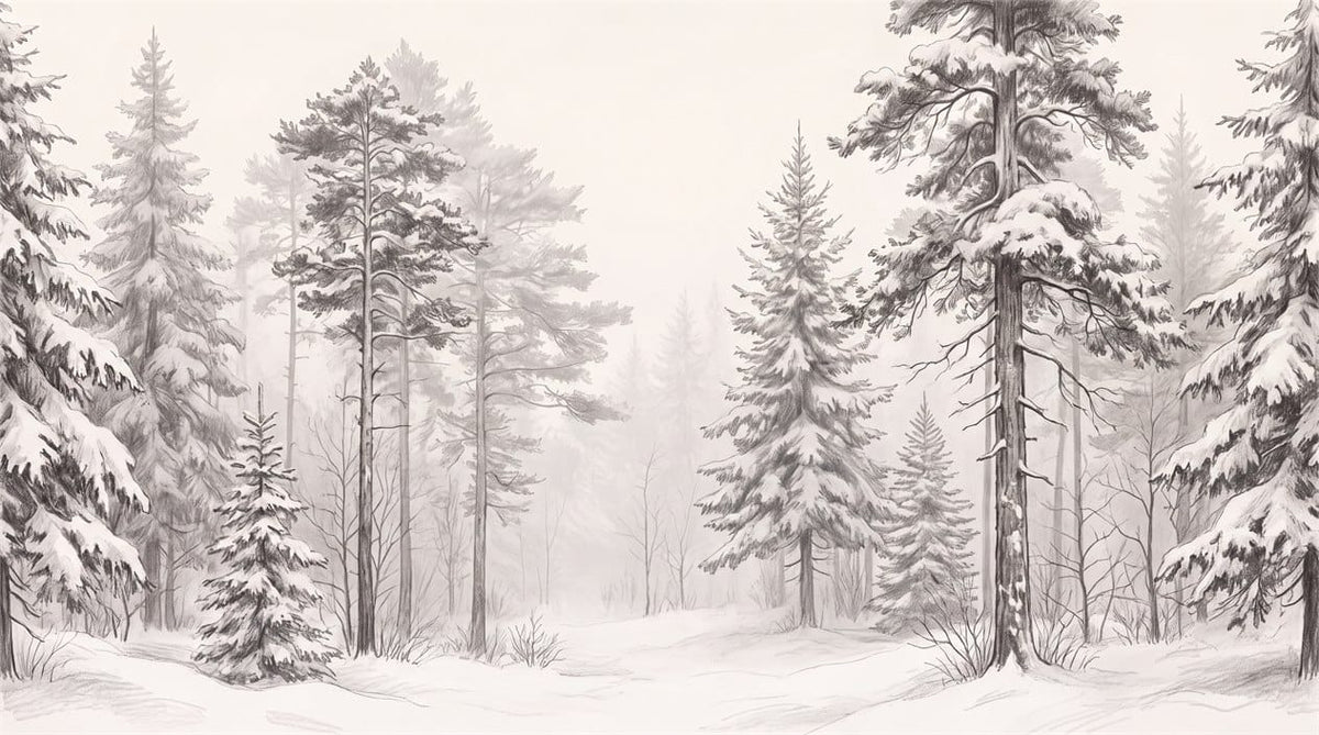 Soft White Pencil Sketch Nordic Pine Tree Wallpaper Mural in custom