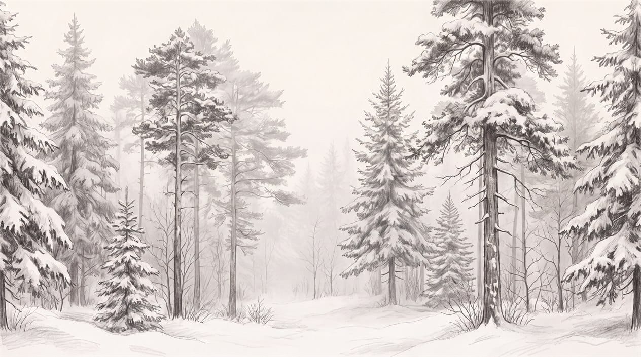 Soft White Pencil Sketch Nordic Pine Tree Wallpaper Mural