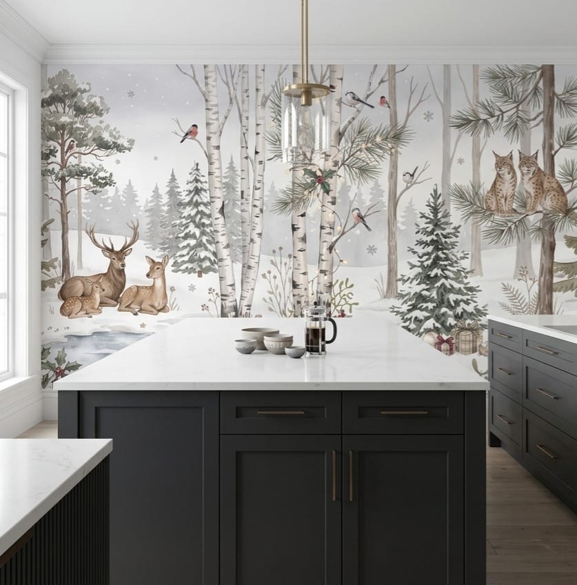 Cool White Rustic Nordic Winter Forest Wallpaper Mural in custom