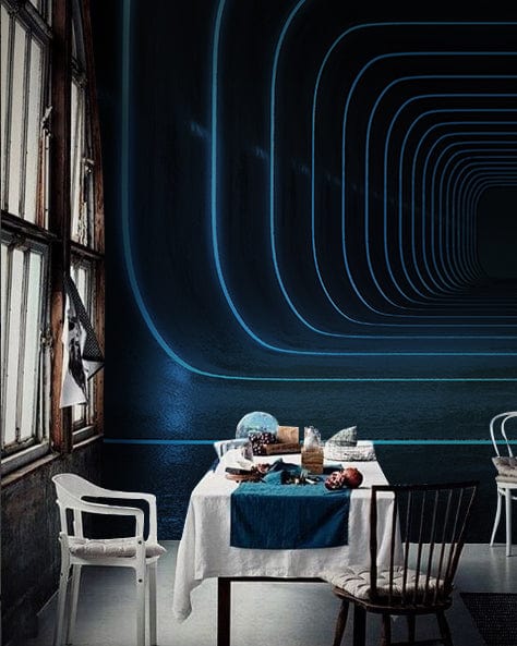 Futuristic blue neon tunnel mural wallpaper with dining chairs, table, and stylish modern interior decor.