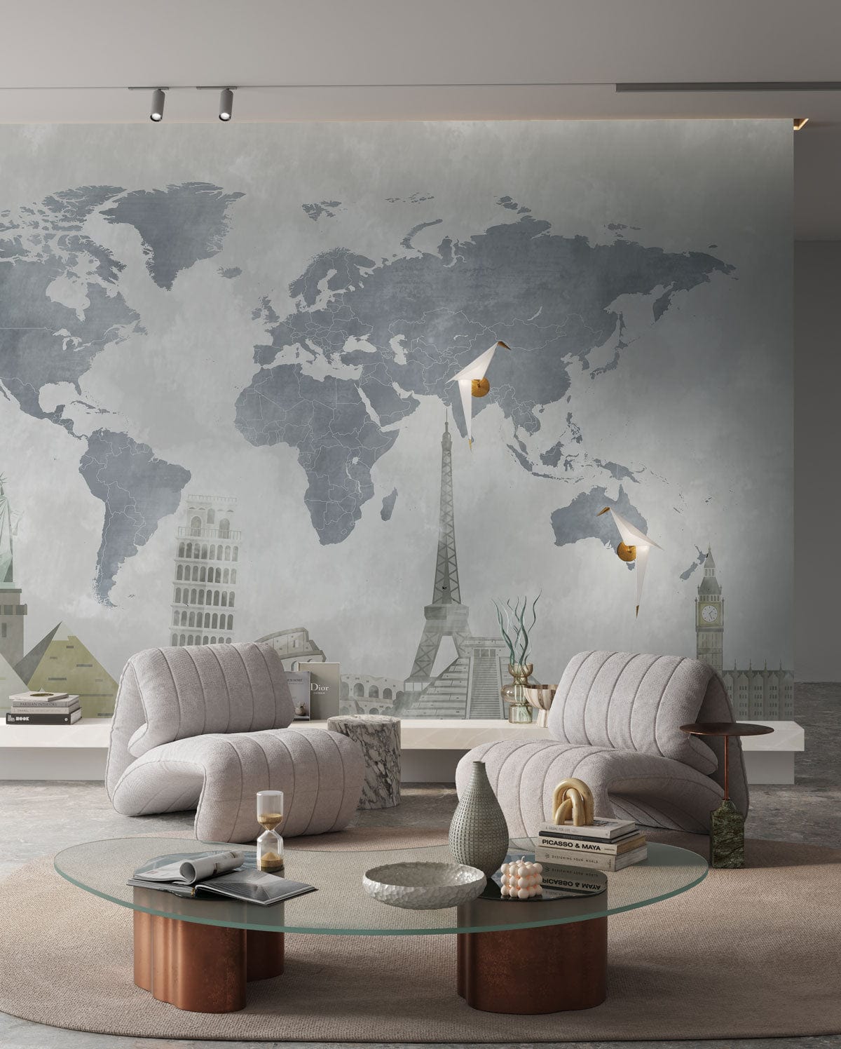 Vintage World Map Mural Wallpaper, neutral, iconic landmarks, grey armchairs, glass coffee table, modern living room.