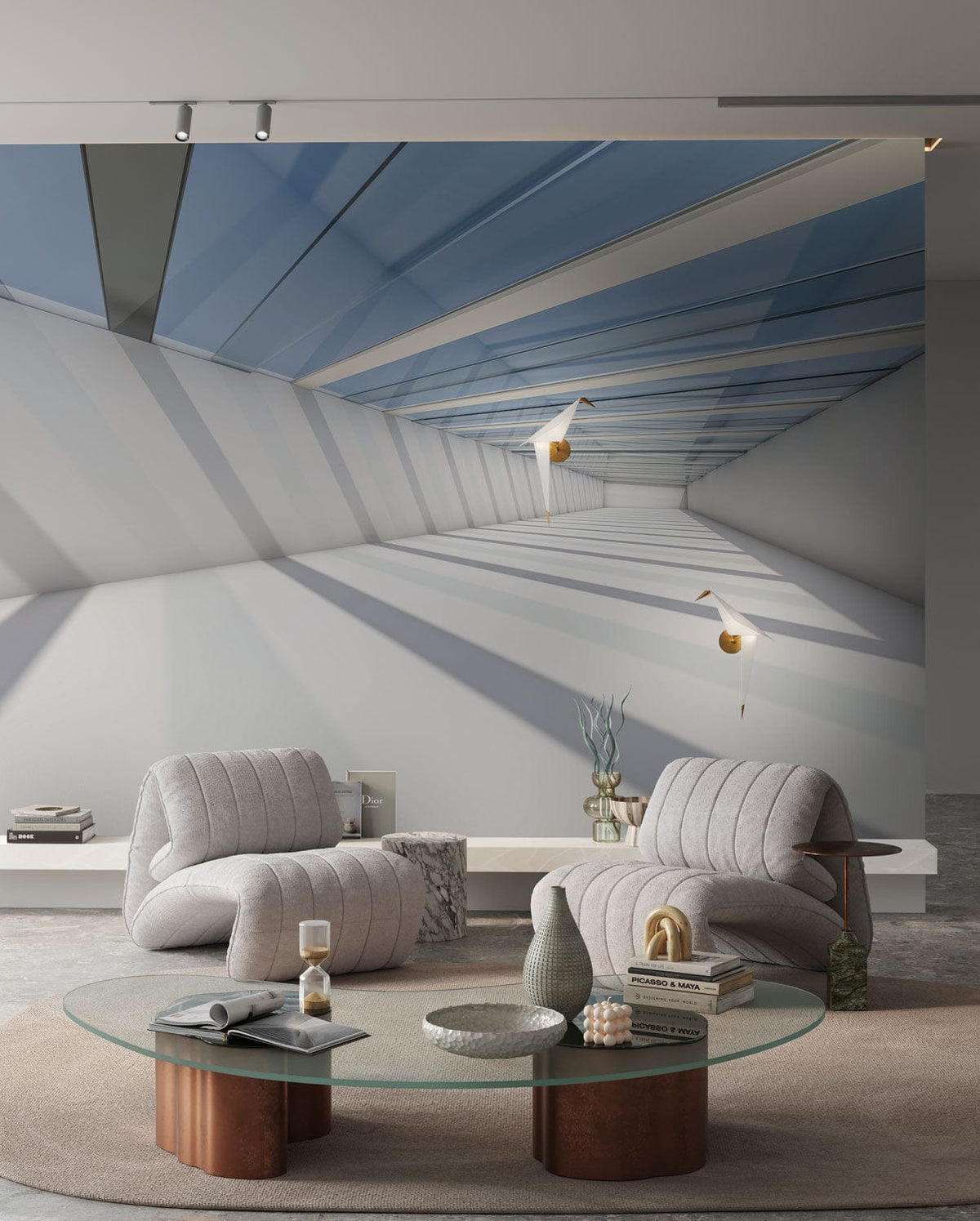 Modern blue and white mural wallpaper with sleek design, grey chairs, glass coffee table, contemporary decor.