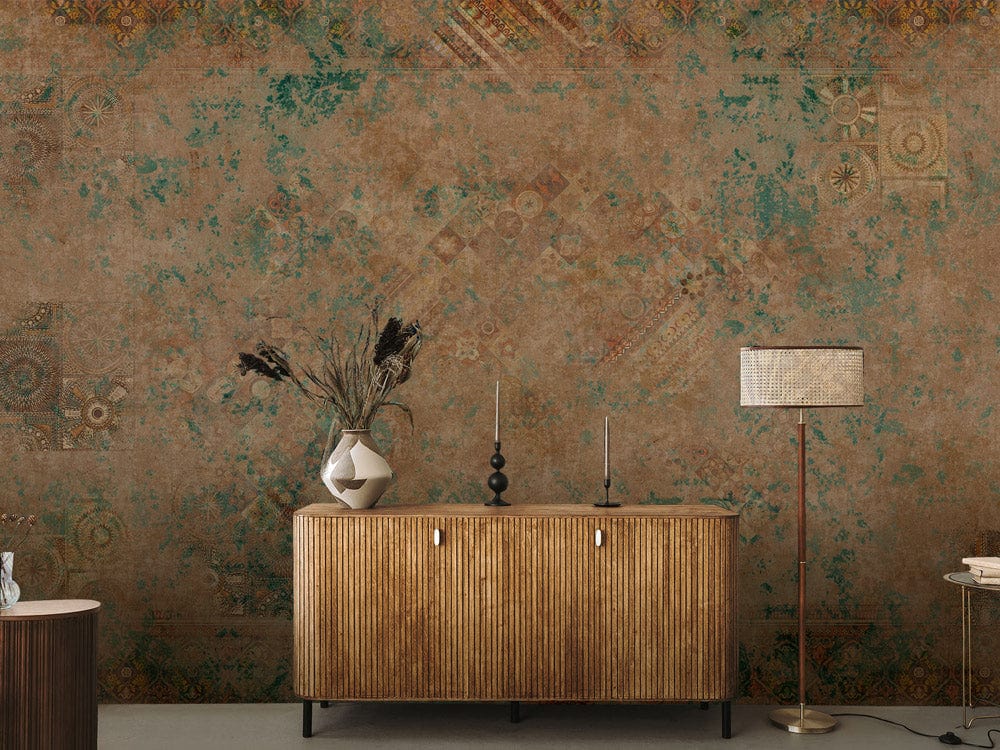 Vintage earth toned ornamental wallpaper with distressed pattern, wooden sideboard, modern lamp, classic interior.