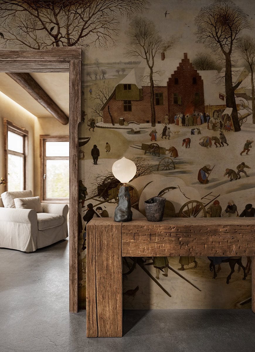 Vintage Winter Scene Mural Wallpaper, rustic village charm, wooden console, beige sofa, concrete flooring.