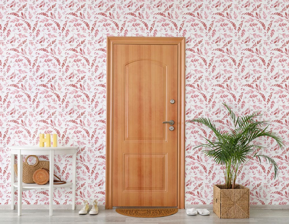 Elegant Pink Floral Pattern Wallpaper, vintage botanical decor, light wooden door, modern grey flooring.