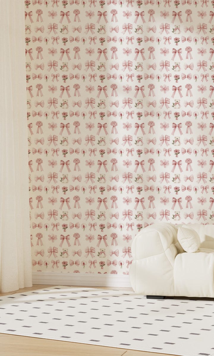 Delicate pink floral vintage wallpaper, cream sofa, elegant wooden floor, classic interior design.