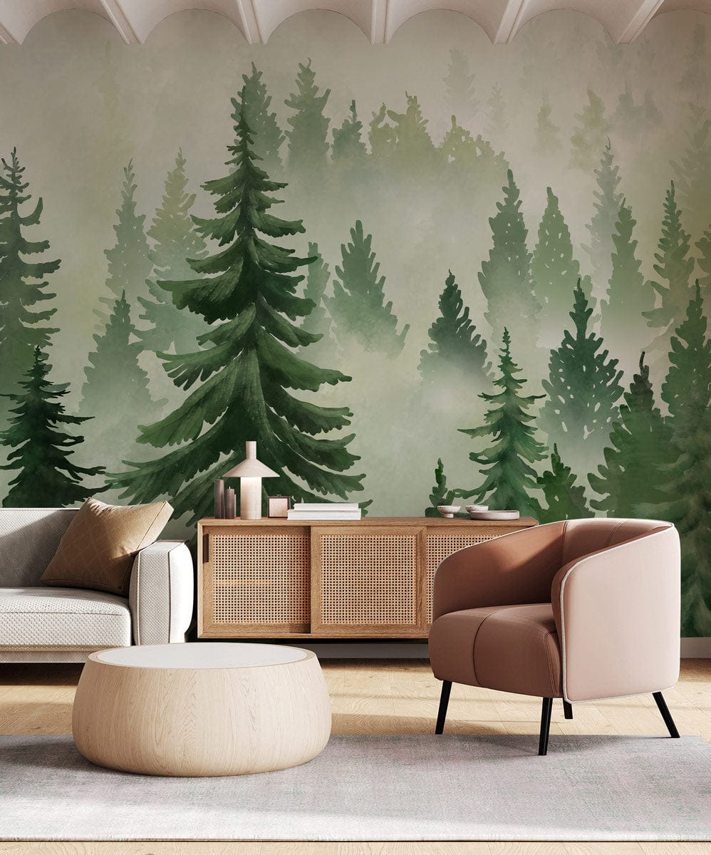 Serene forest wallpaper, green watercolour mural, neutral sofa, stylish armchair, wooden flooring, tranquil room.