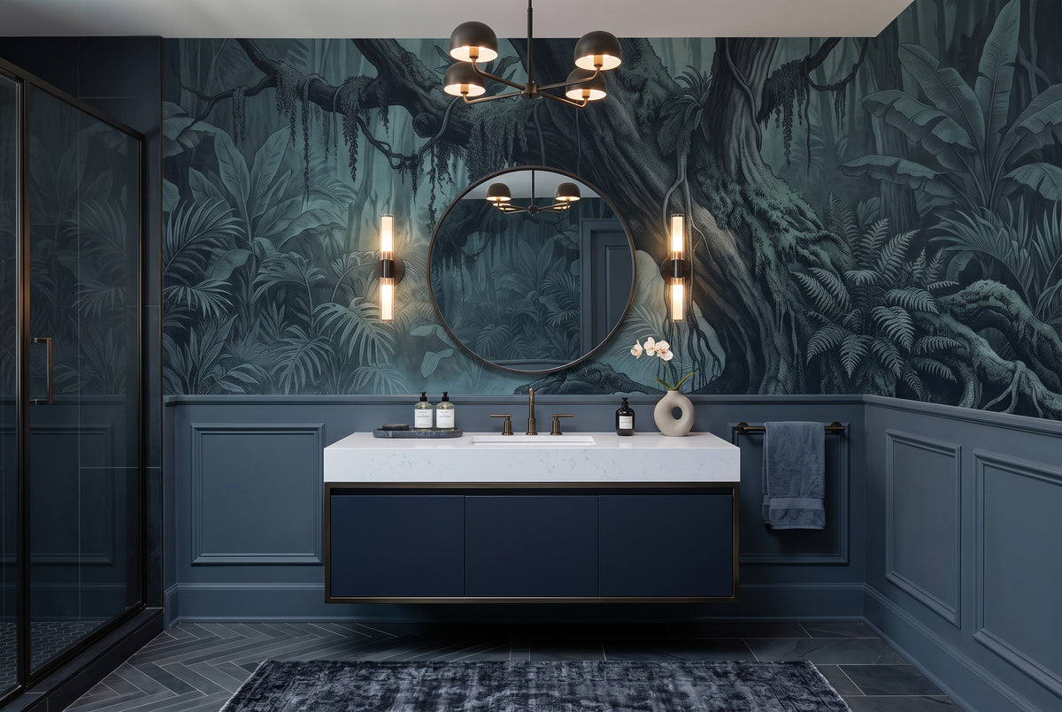 dark forest wallpaper mural teal bathroom custom stick on non woven vinyl removable