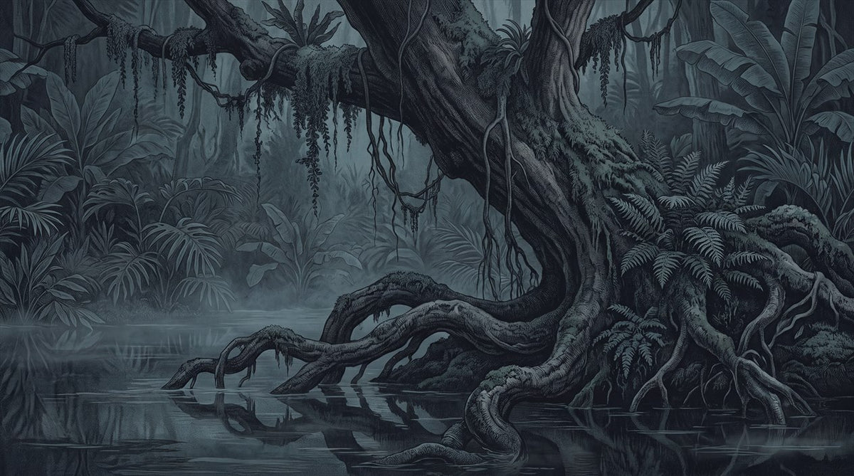 Teal Gnarled Roots Dark Forest Wallpaper Mural