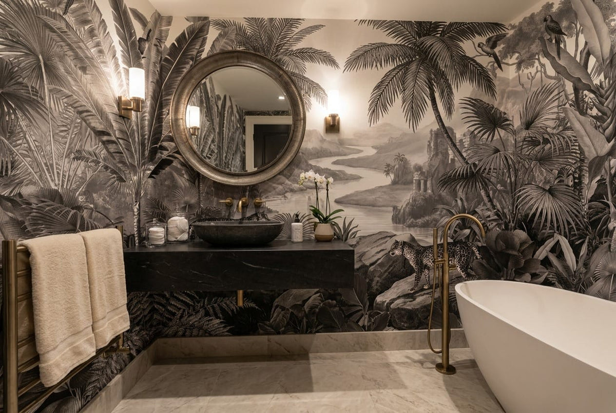 Monochrome Leopard Jungle Landscape Wallpaper Mural in dark