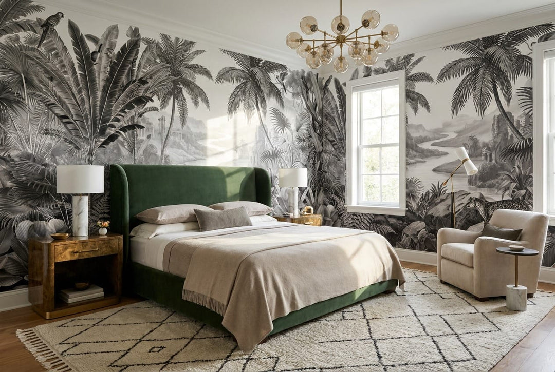 Monochrome Leopard Jungle Landscape Wallpaper Mural in dark
