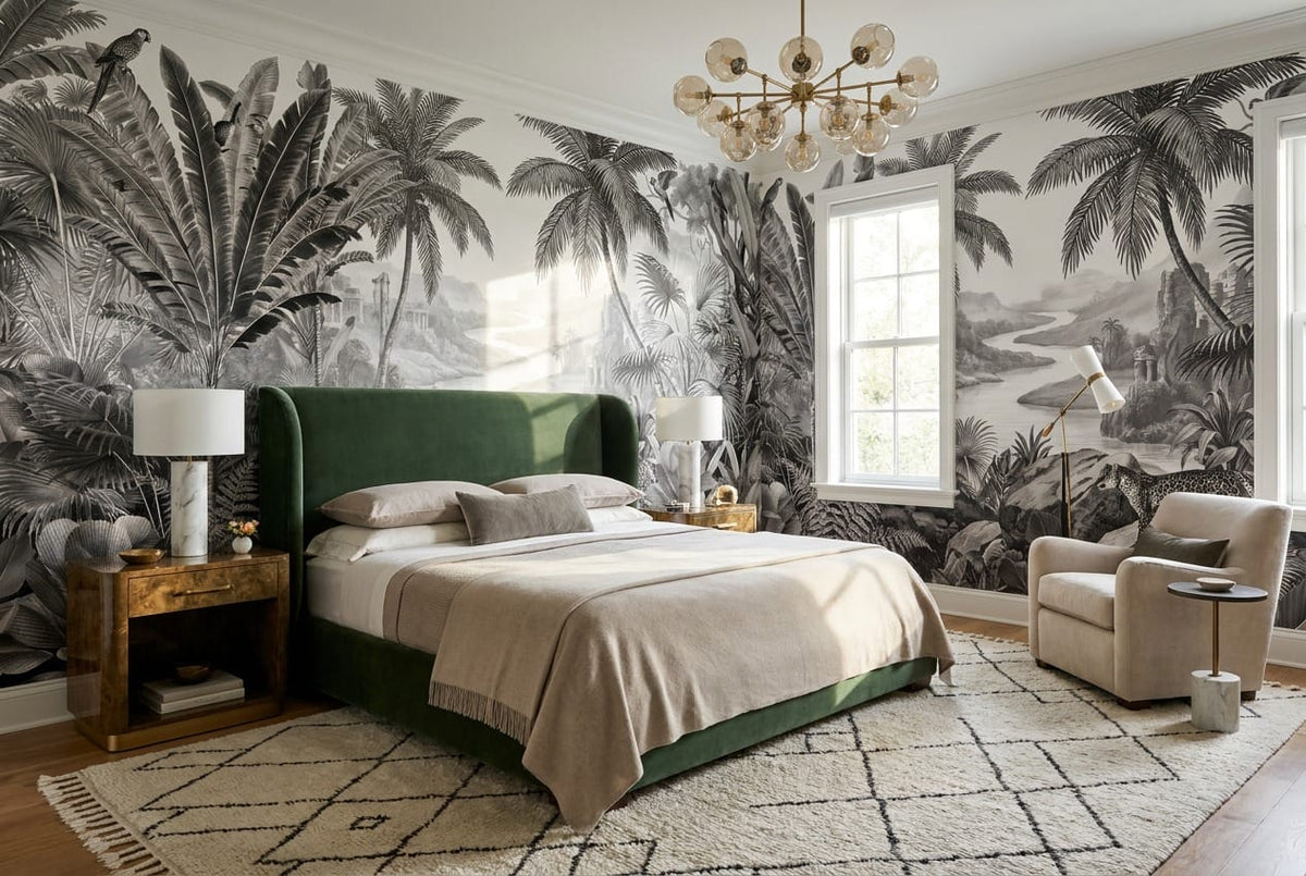 Monochrome Leopard Jungle Landscape Wallpaper Mural in dark