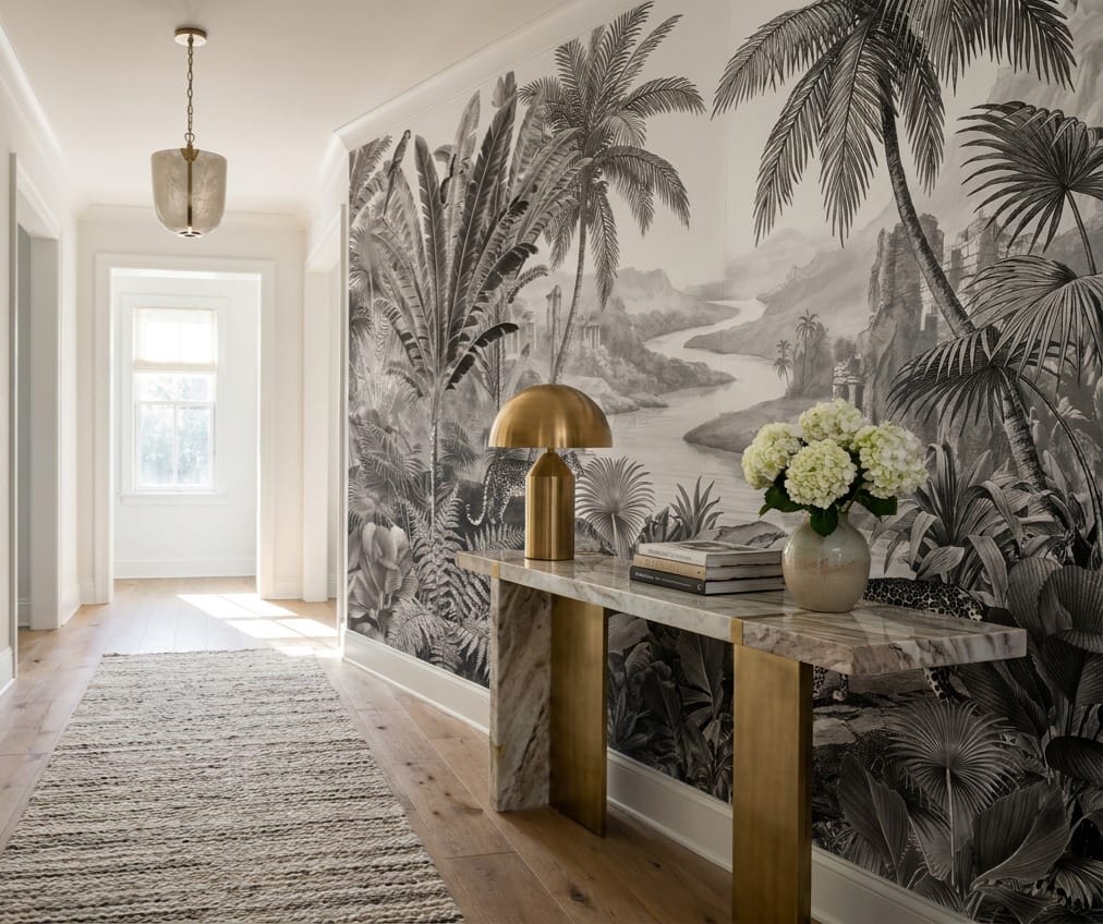 Monochrome Leopard Jungle Landscape Wallpaper Mural in dark