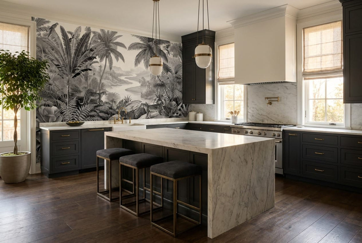 Monochrome Leopard Jungle Landscape Wallpaper Mural in dark