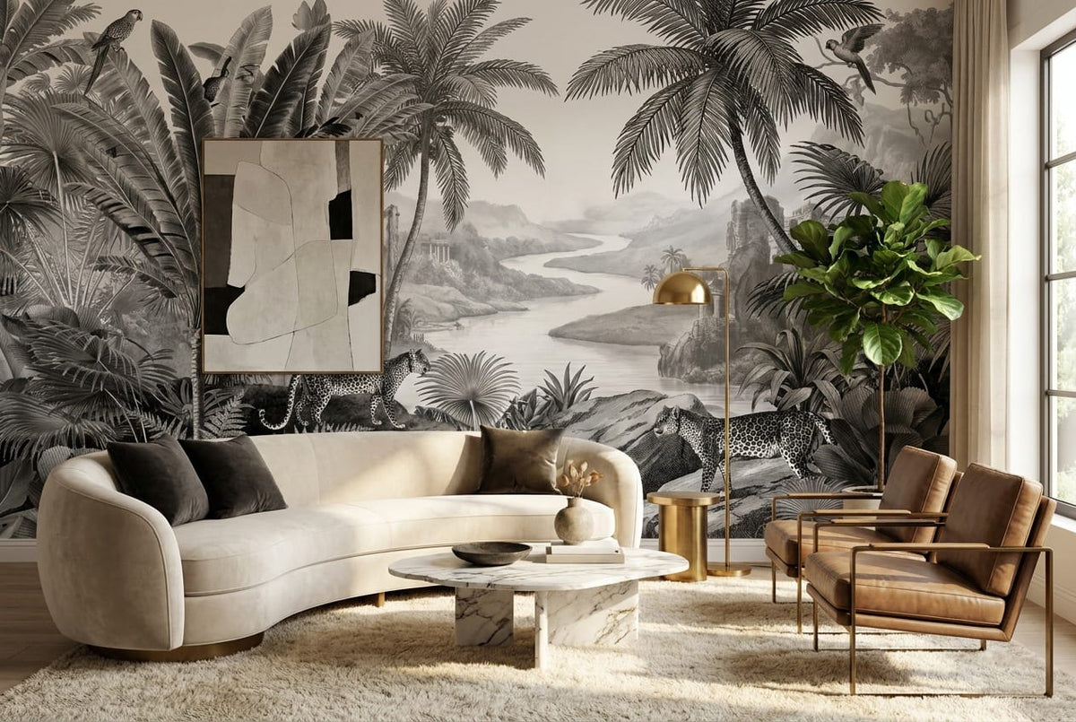 Monochrome Leopard Jungle Landscape Wallpaper Mural in dark