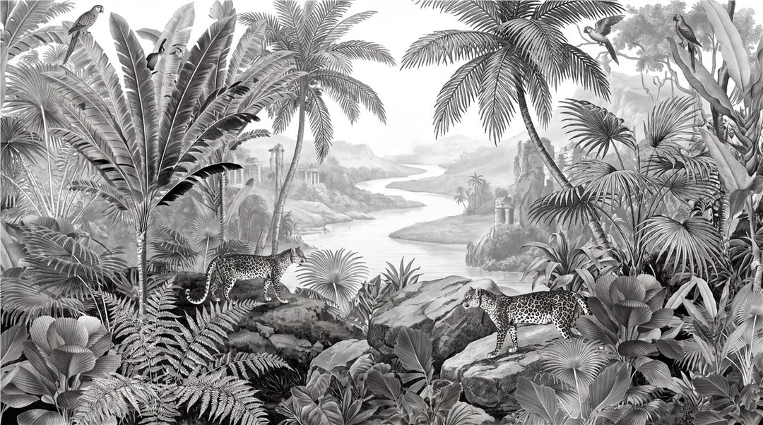 Monochrome Leopard Jungle Landscape Wallpaper Mural in dark